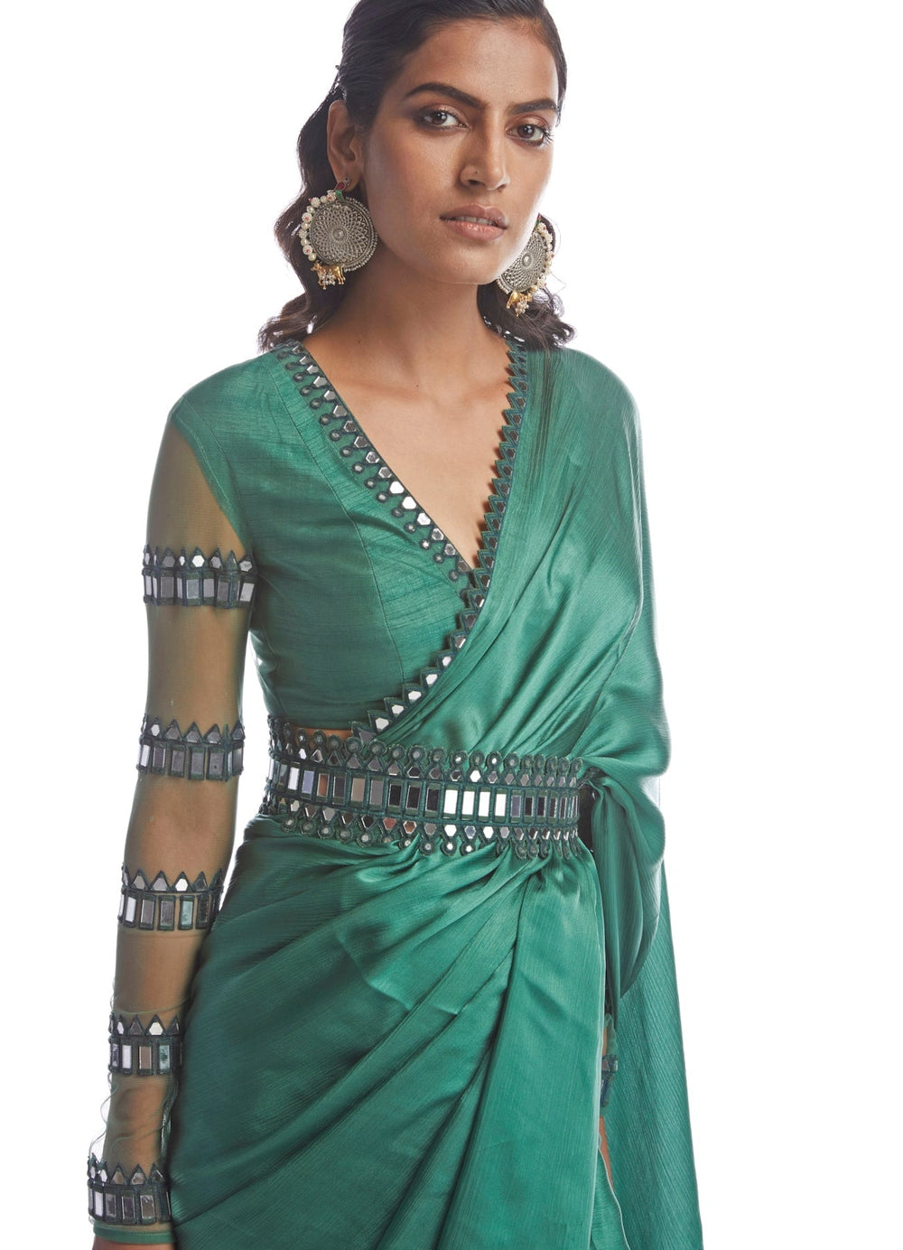 Green Satin Chiffon Saree Set Vvani by Vani Vats - Fabilicious Fashion