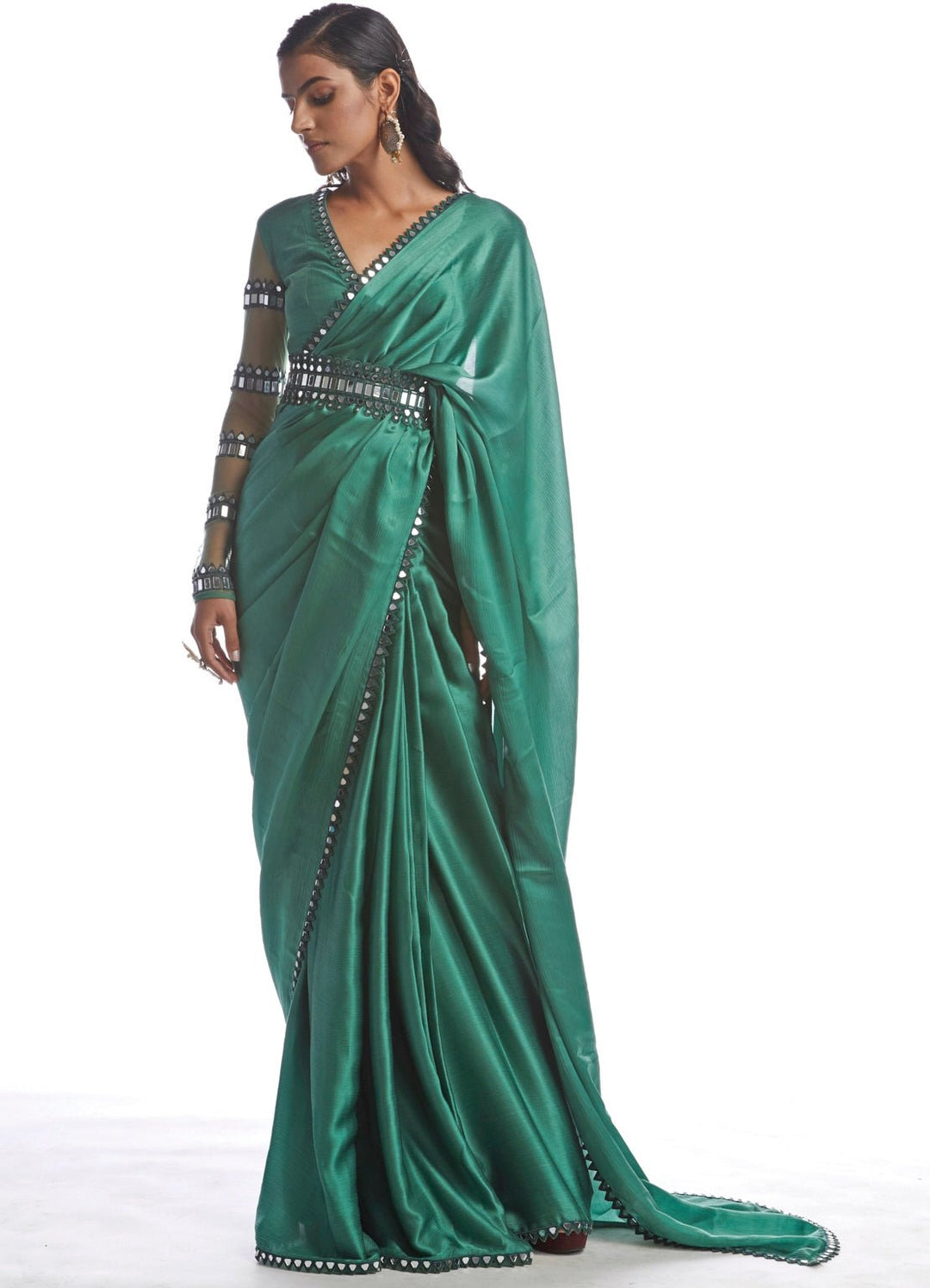 Green Satin Chiffon Saree Set Vvani by Vani Vats - Fabilicious Fashion