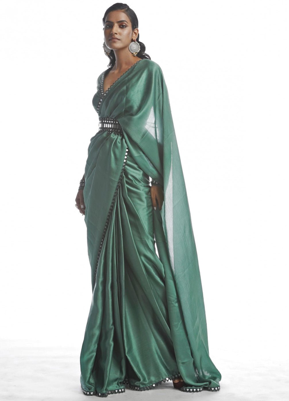 Green Satin Chiffon Saree Set Vvani by Vani Vats - Fabilicious Fashion