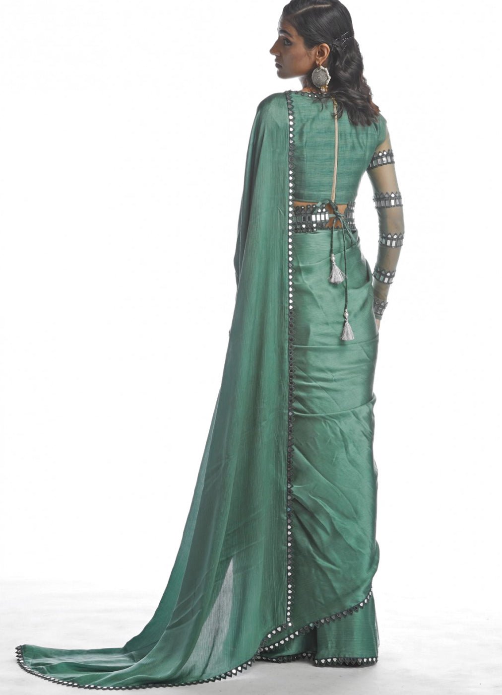 Green Satin Chiffon Saree Set Vvani by Vani Vats - Fabilicious Fashion