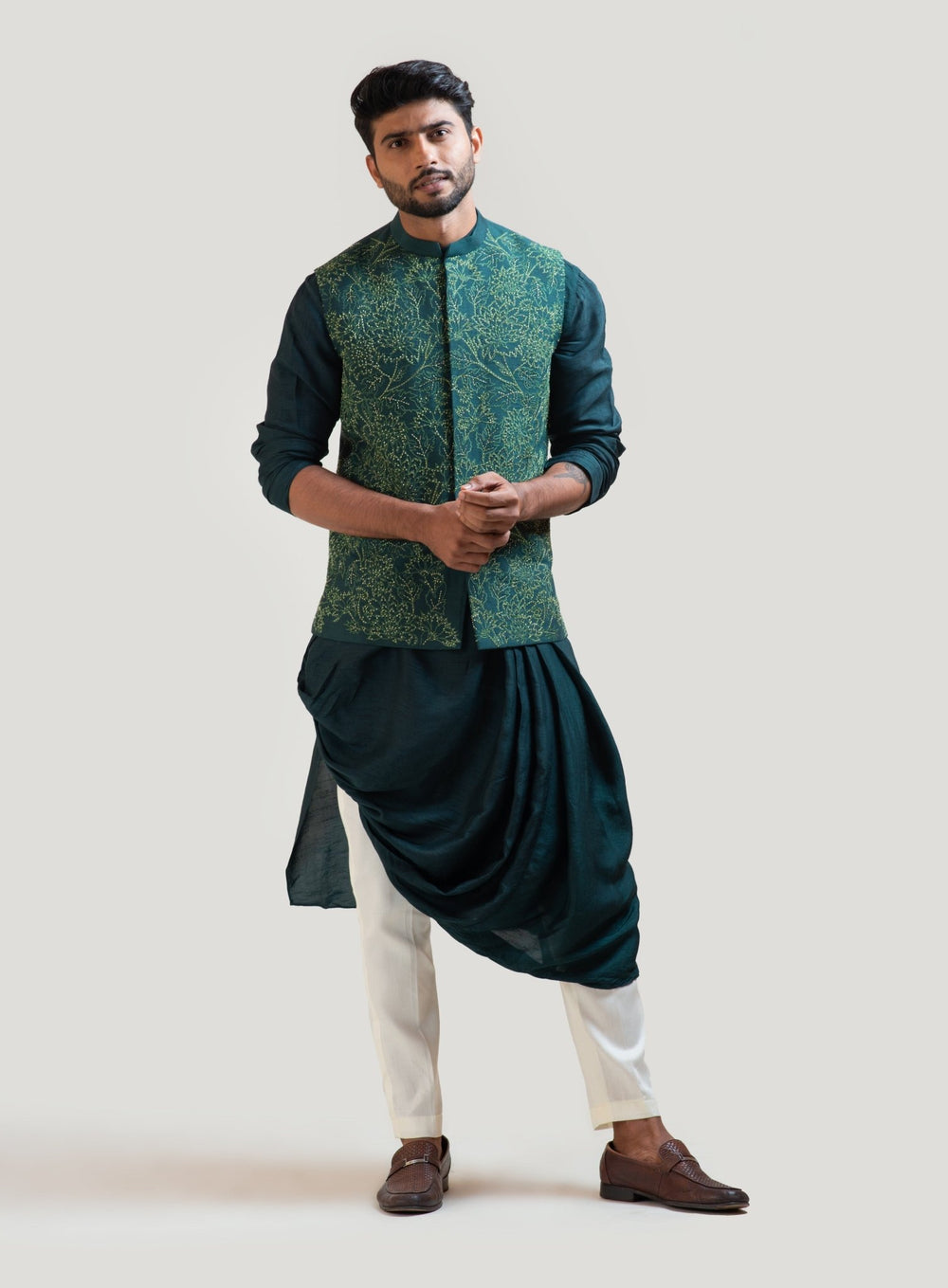 Green Silk Draped Kurta Set with a Moss Green Embroidered Nehru Smriti - Fabilicious Fashion
