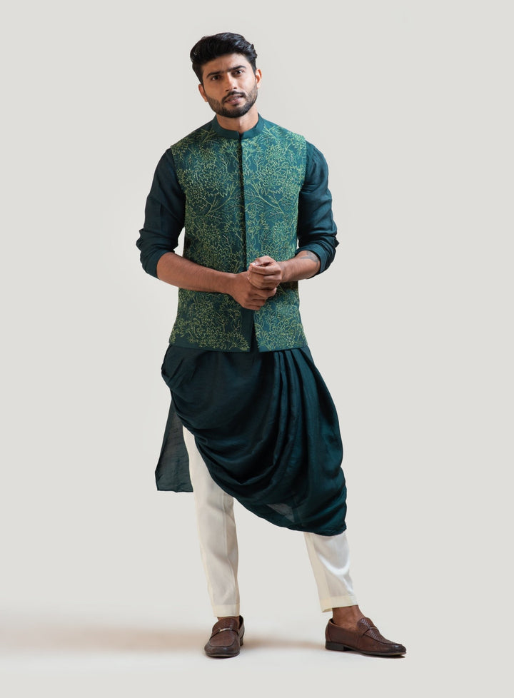 Green Silk Draped Kurta Set with a Moss Green Embroidered Nehru Smriti - Fabilicious Fashion