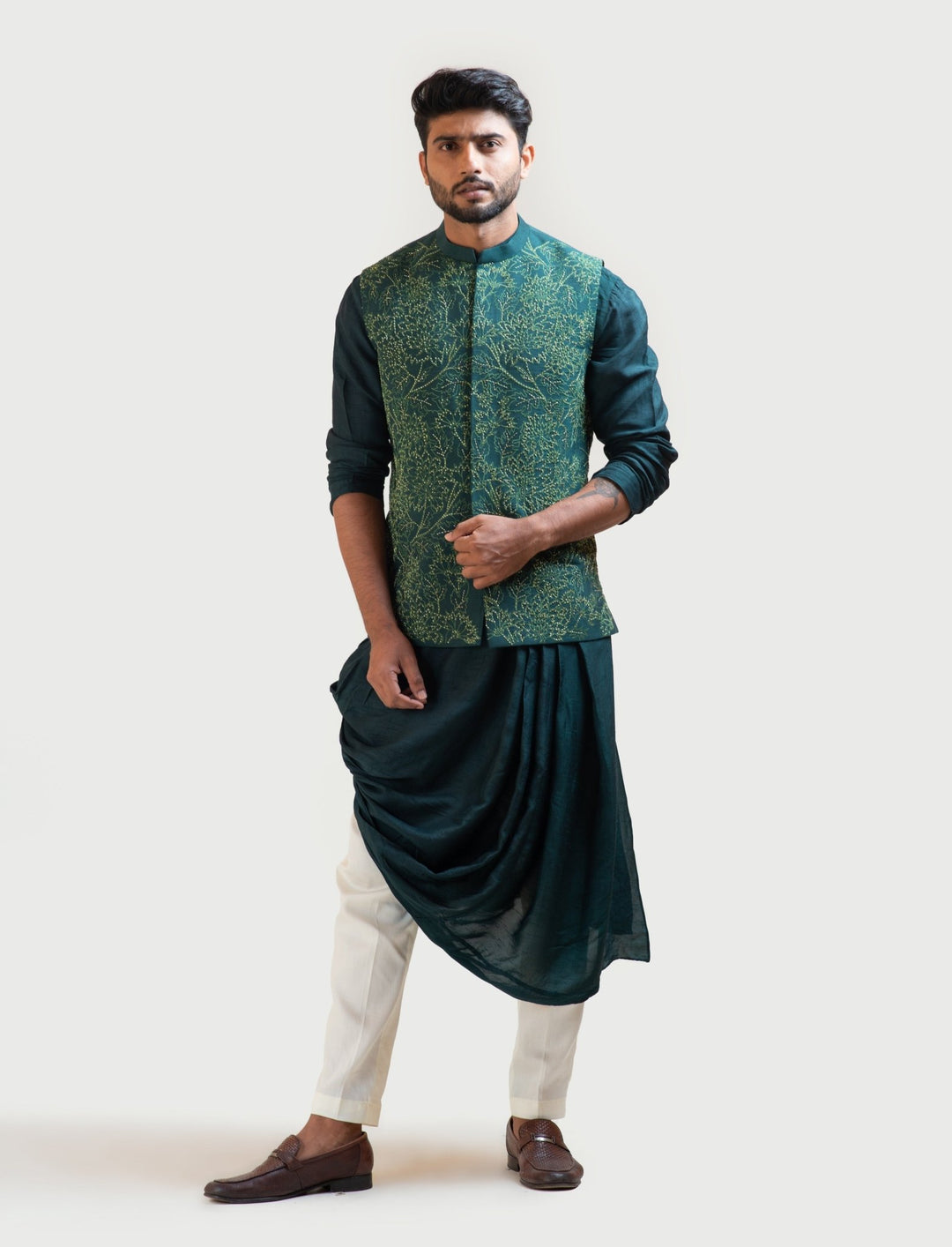 Green Silk Draped Kurta Set with a Moss Green Embroidered Nehru Smriti - Fabilicious Fashion