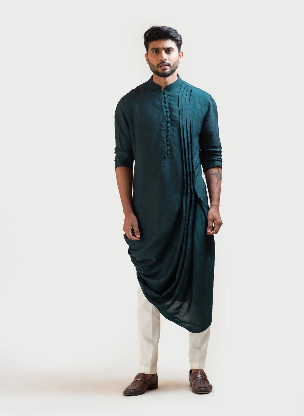 Green Silk Draped Kurta Set Smriti - Fabilicious Fashion