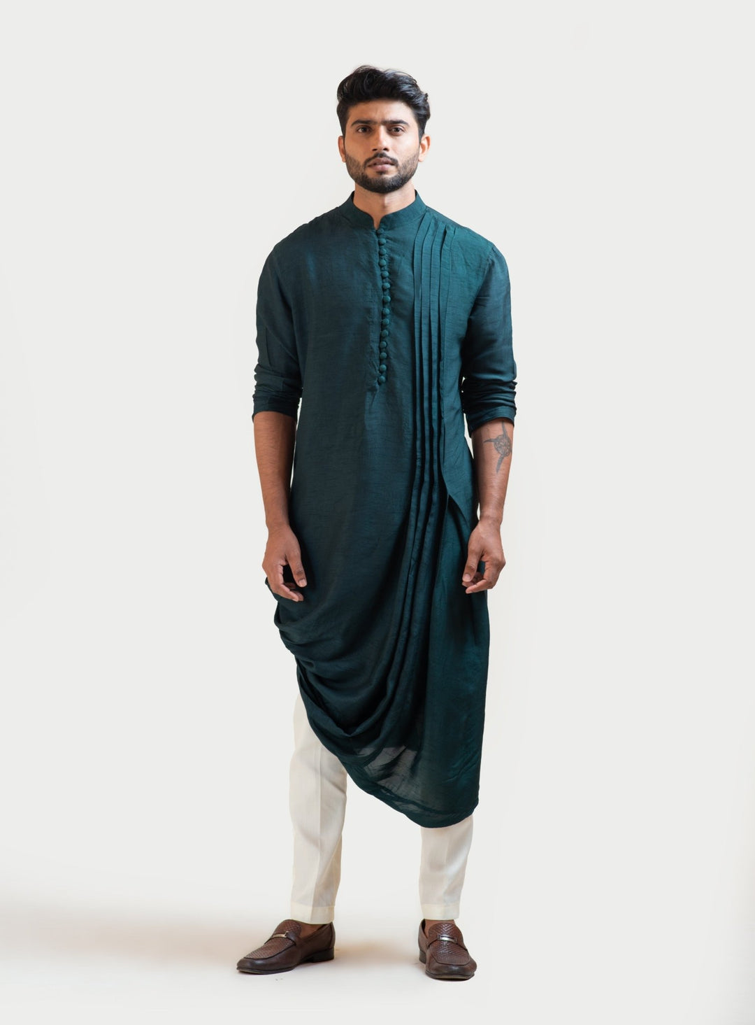 Green Silk Draped Kurta Set Smriti - Fabilicious Fashion