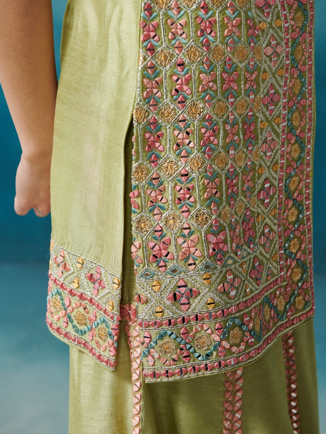 Green Silk Front Open Kurta Set With Dupatta Suhino - Fabilicious Fashion