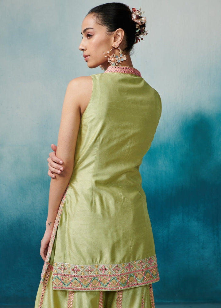 Green Silk Front Open Kurta Set With Dupatta Suhino - Fabilicious Fashion