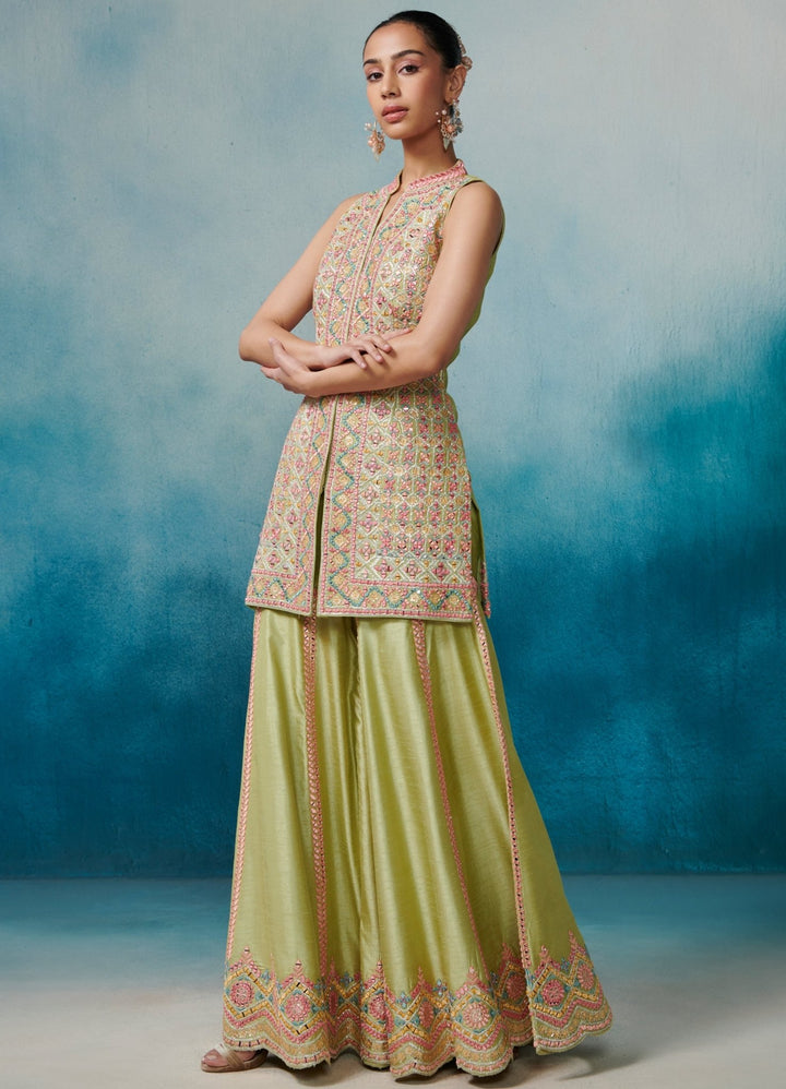 Green Silk Front Open Kurta Set With Dupatta Suhino - Fabilicious Fashion