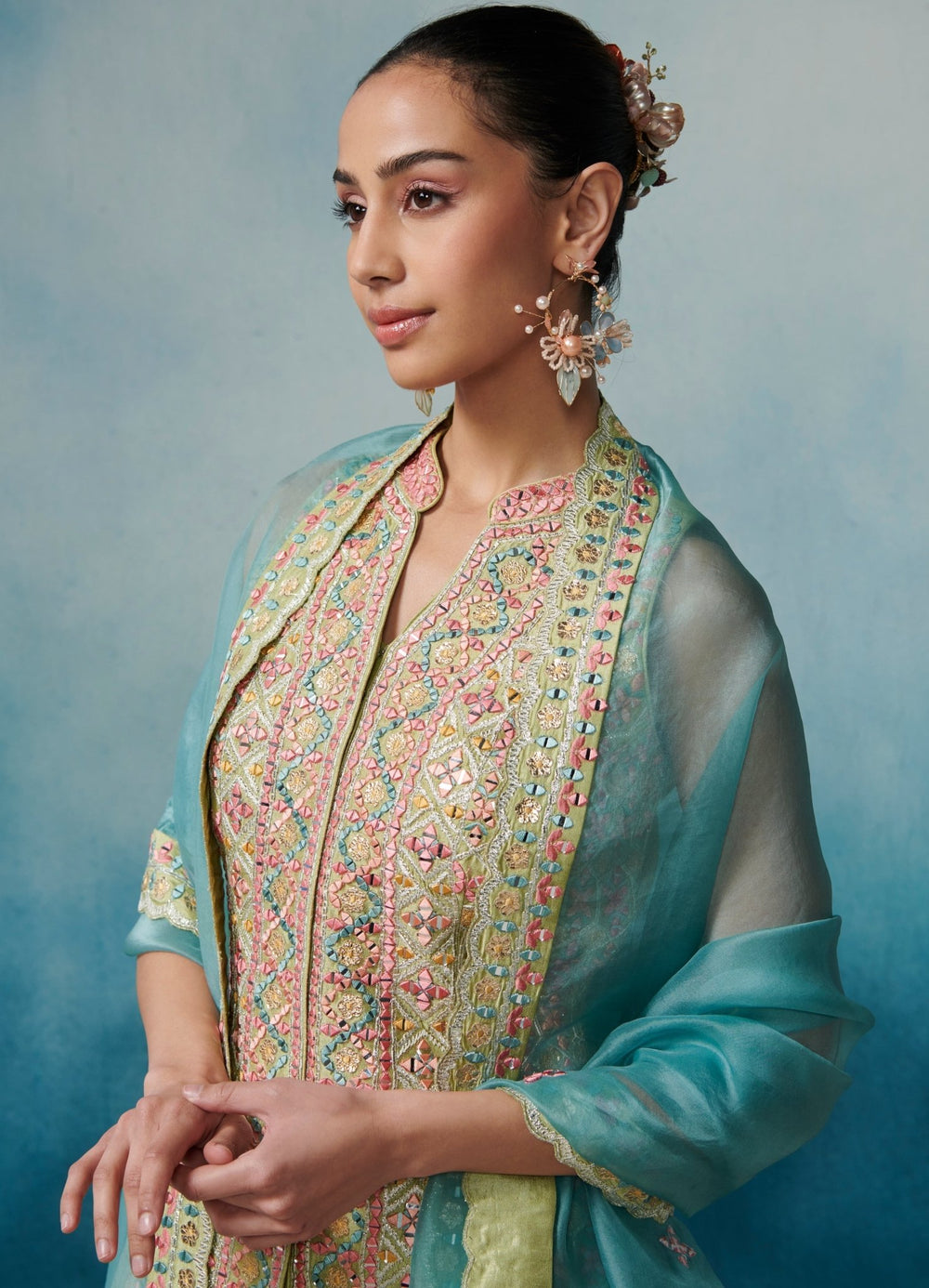 Green Silk Front Open Kurta Set With Dupatta Suhino - Fabilicious Fashion