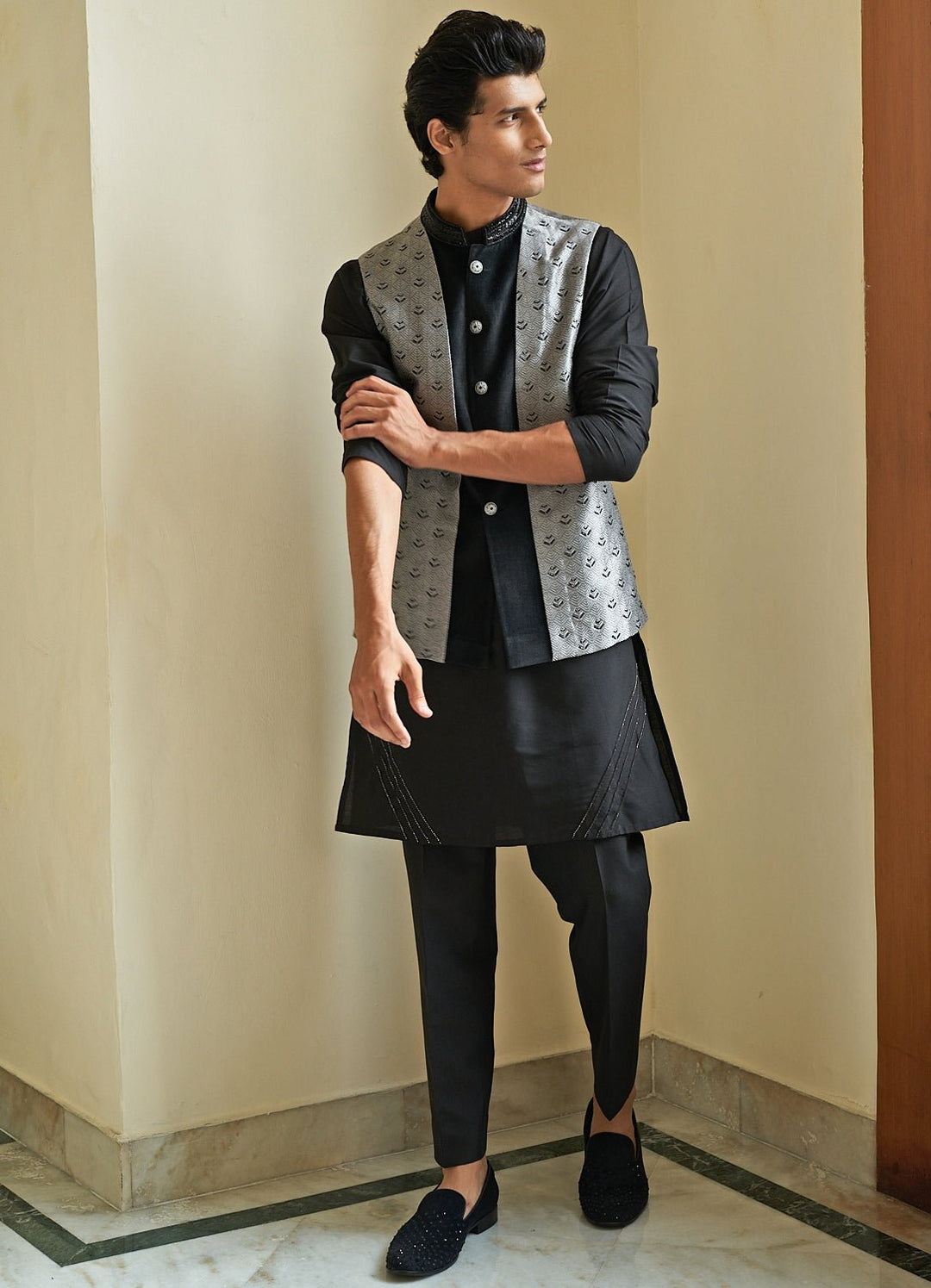 Grey and Black Nehru Jacket Set Contrast by Parth - Fabilicious Fashion