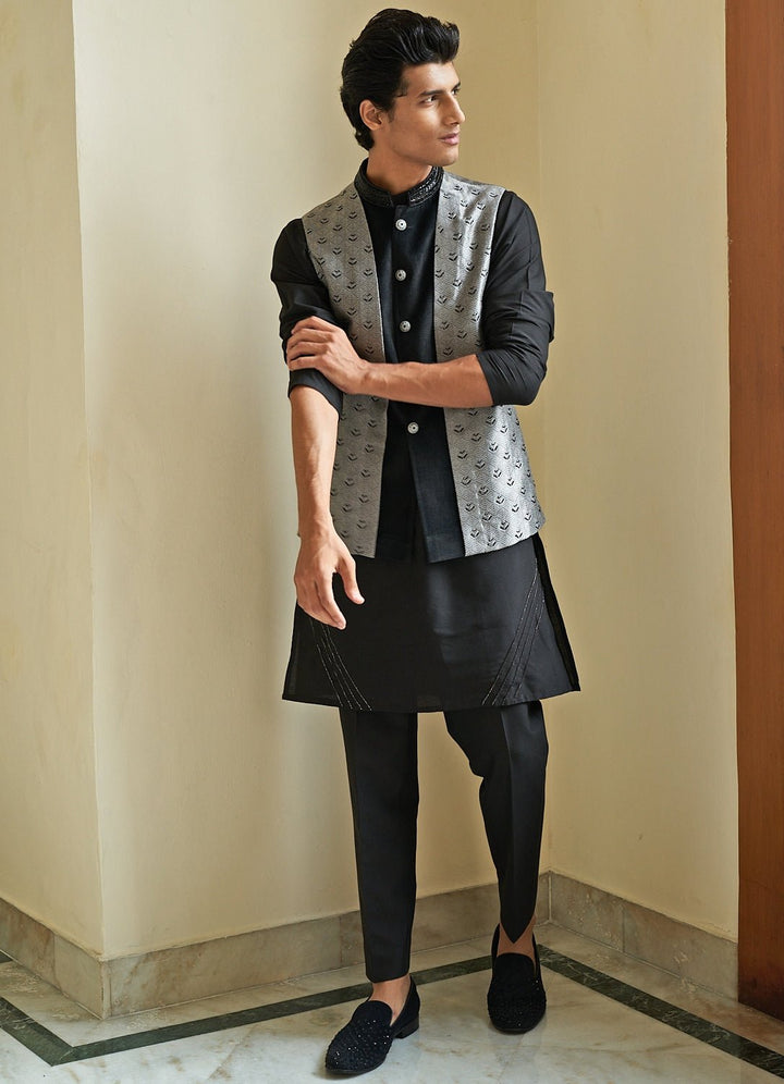Grey and Black Nehru Jacket Set Contrast by Parth - Fabilicious Fashion