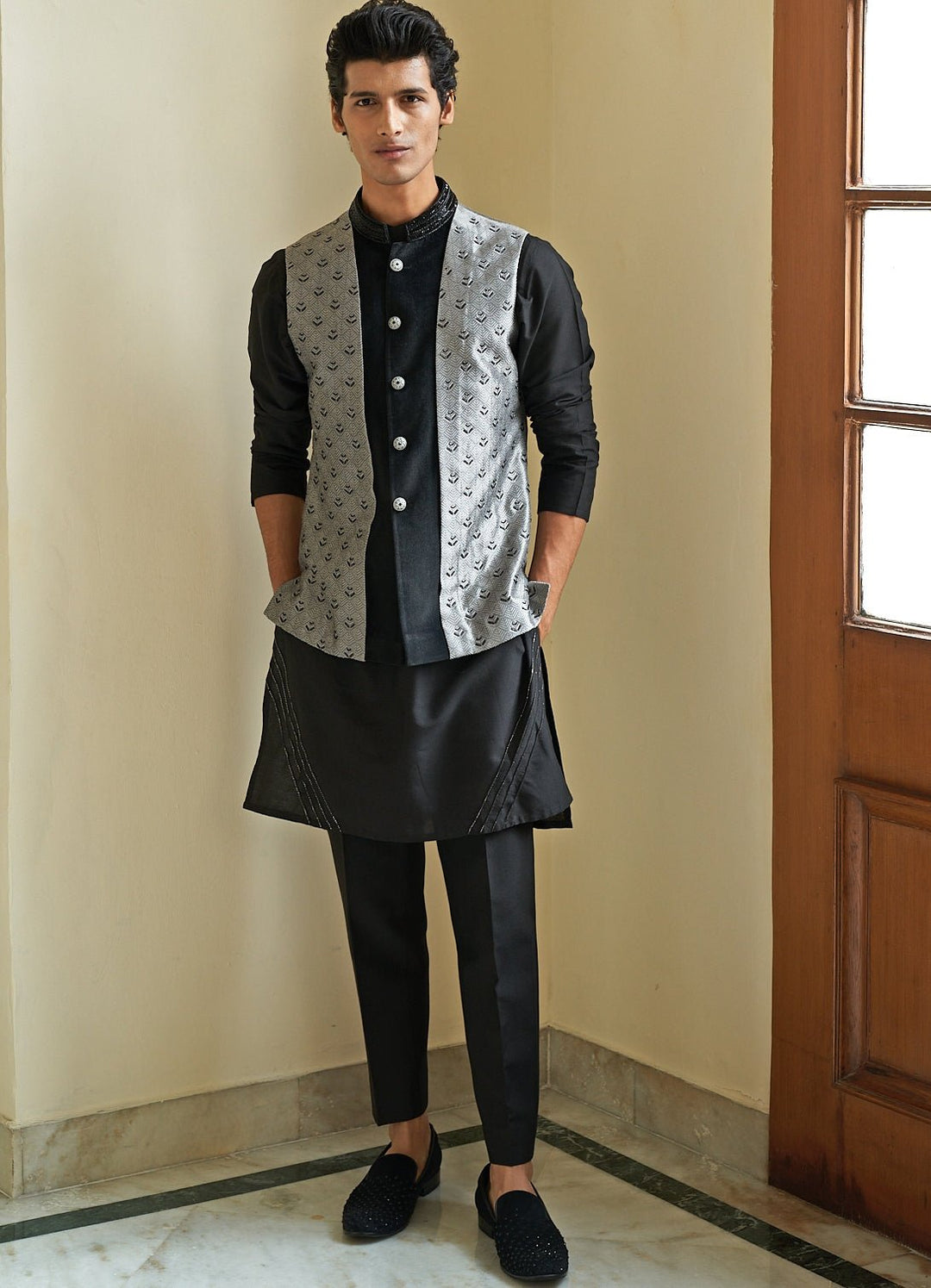 Grey and Black Nehru Jacket Set Contrast by Parth - Fabilicious Fashion