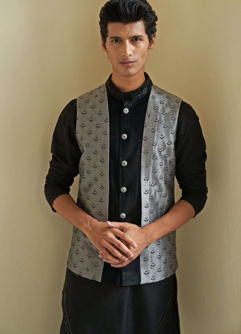 Grey and Black Nehru Jacket Set Contrast by Parth - Fabilicious Fashion