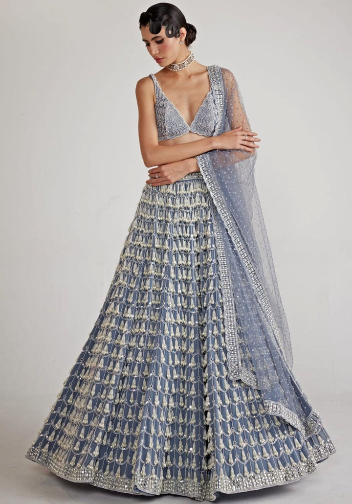 Grey Chandelier Pearl Drop Bridal Lehenga Set Vvani By Vani Vats - Fabilicious Fashion