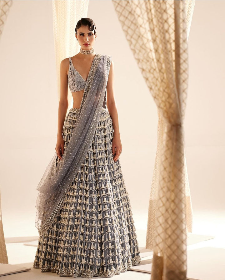 Grey Chandelier Pearl Drop Bridal Lehenga Set Vvani By Vani Vats - Fabilicious Fashion