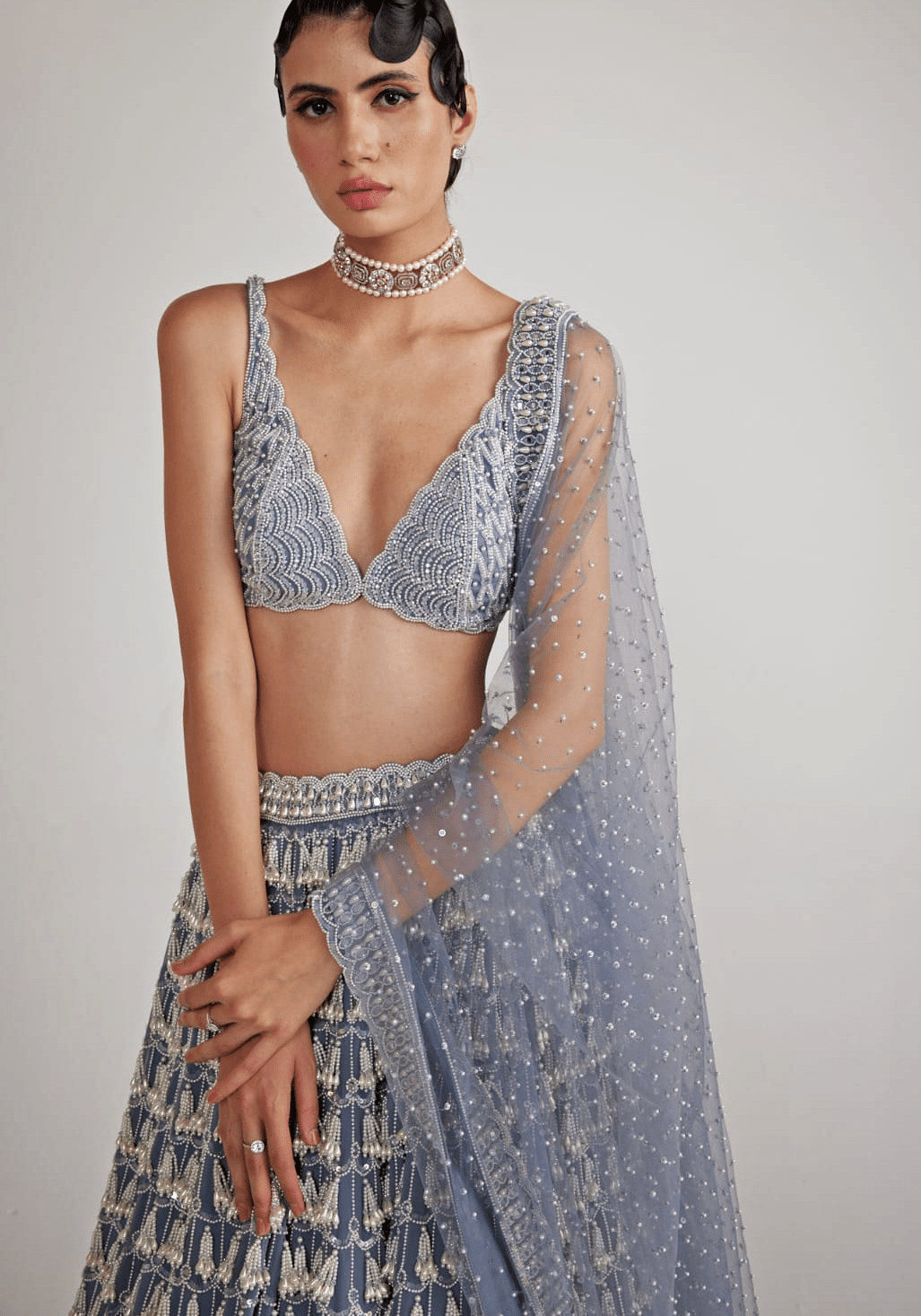Grey Chandelier Pearl Drop Bridal Lehenga Set Vvani By Vani Vats - Fabilicious Fashion