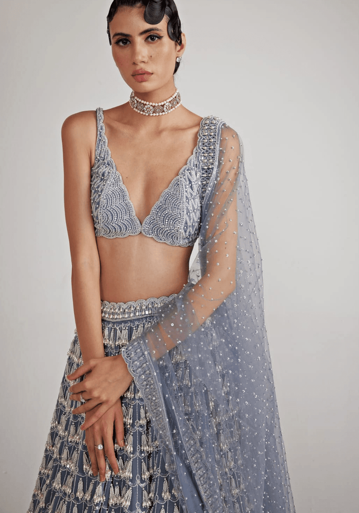 Grey Chandelier Pearl Drop Bridal Lehenga Set Vvani By Vani Vats - Fabilicious Fashion