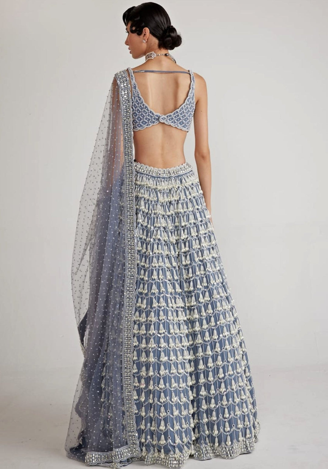 Grey Chandelier Pearl Drop Bridal Lehenga Set Vvani By Vani Vats - Fabilicious Fashion