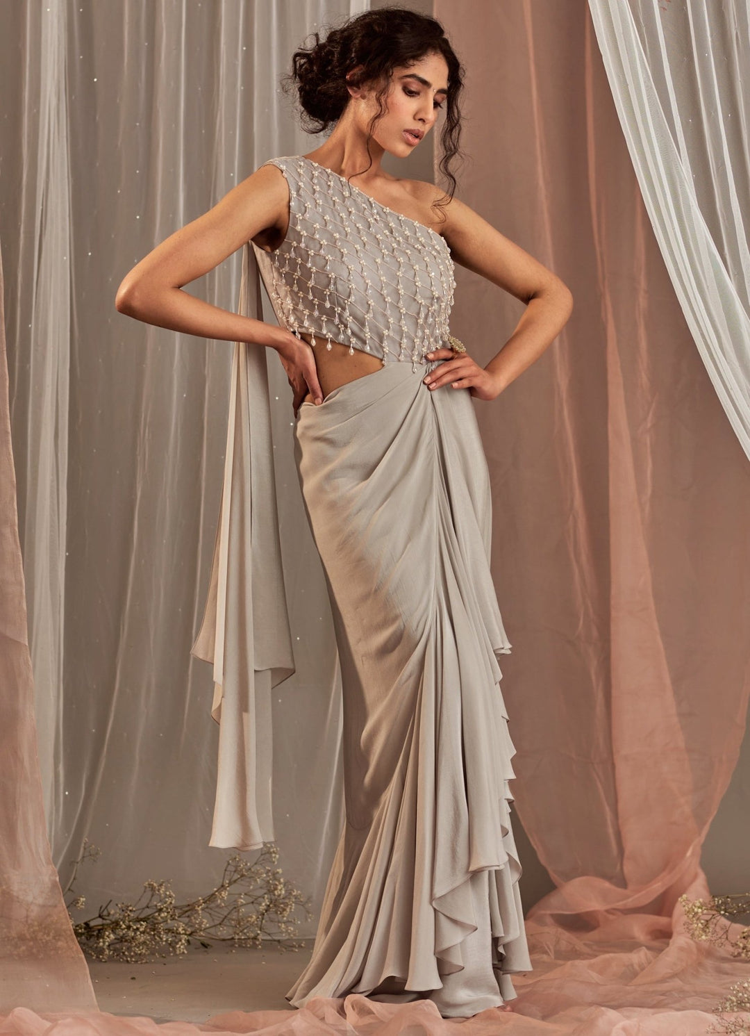 Grey Draped Crepe One Shoulder Cut Out Gown With Tassels Nidhika Shekhar - Fabilicious Fashion