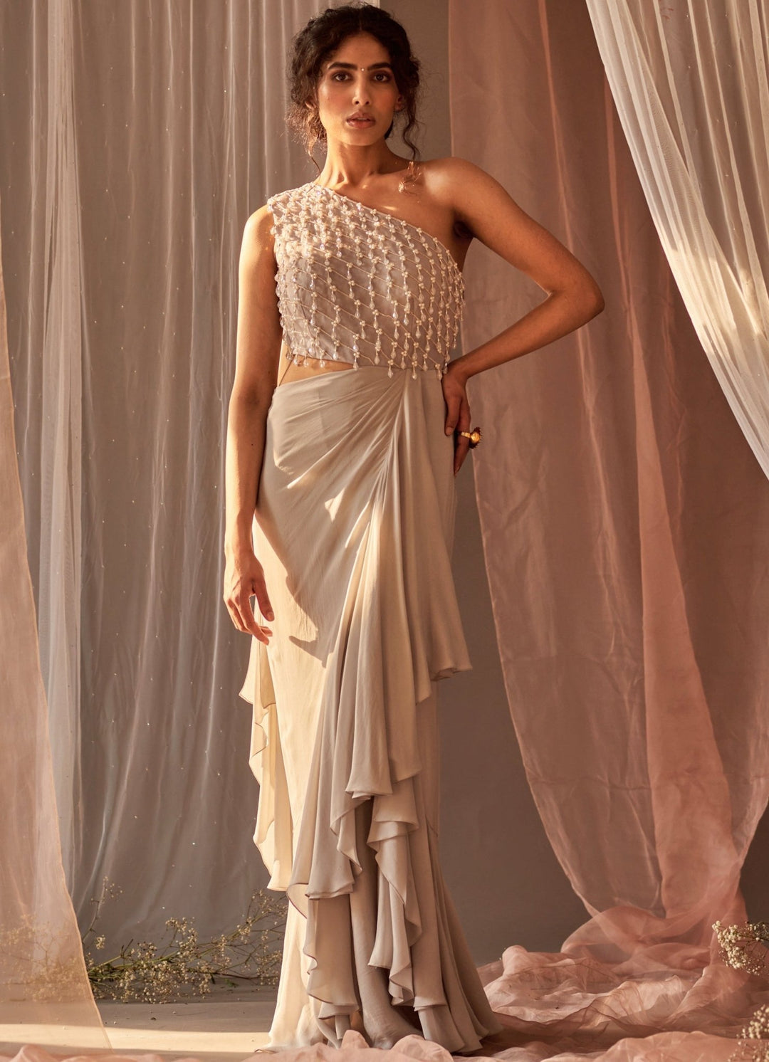 Grey Draped Crepe One Shoulder Cut Out Gown With Tassels Nidhika Shekhar - Fabilicious Fashion