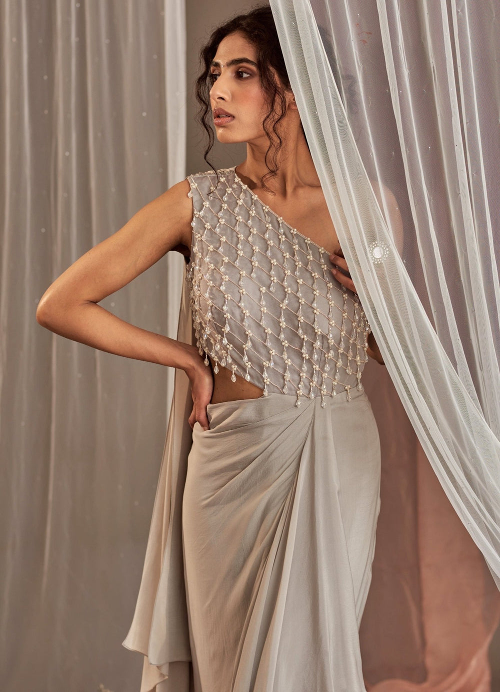 Grey Draped Crepe One Shoulder Cut Out Gown With Tassels Nidhika Shekhar - Fabilicious Fashion