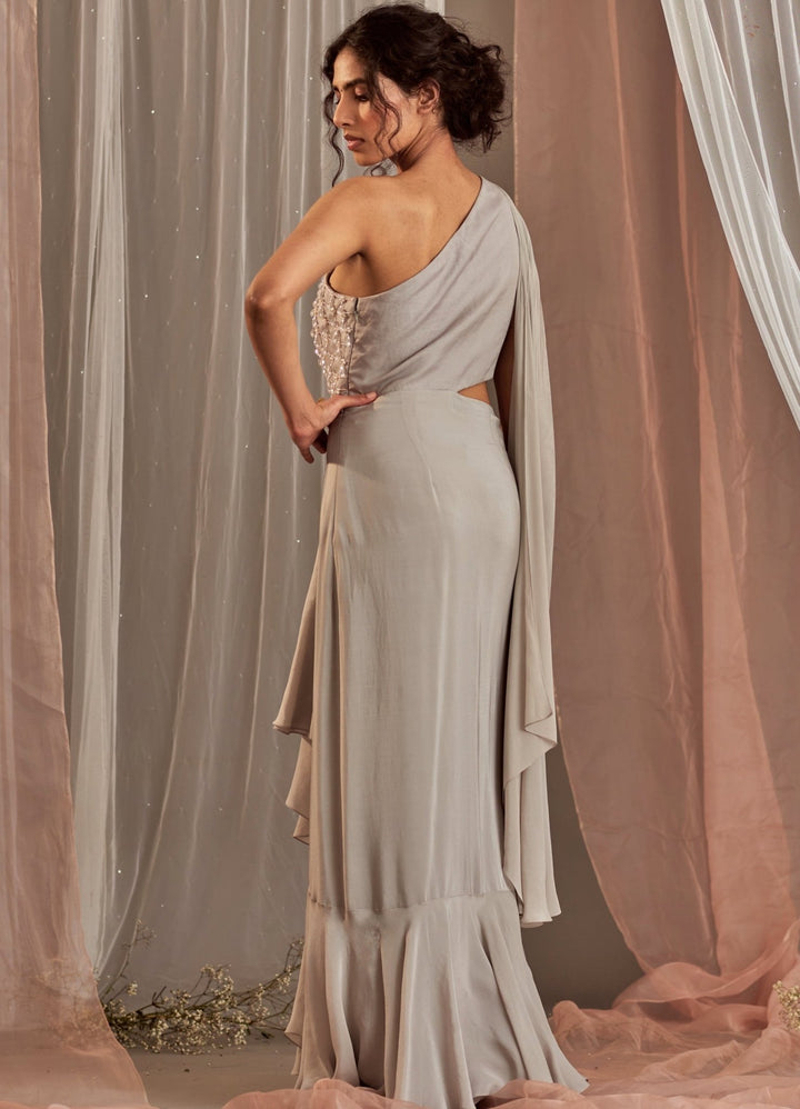 Grey Draped Crepe One Shoulder Cut Out Gown With Tassels Nidhika Shekhar - Fabilicious Fashion