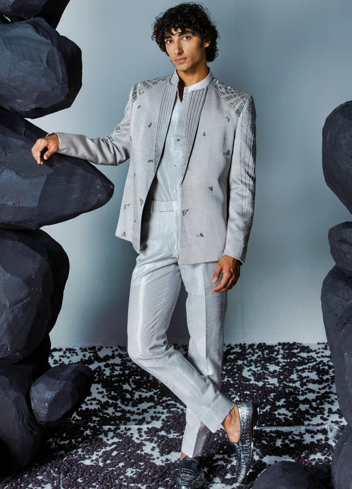 Grey Embellished Open Silk Jacket Set Contrast By Parth - Fabilicious Fashion