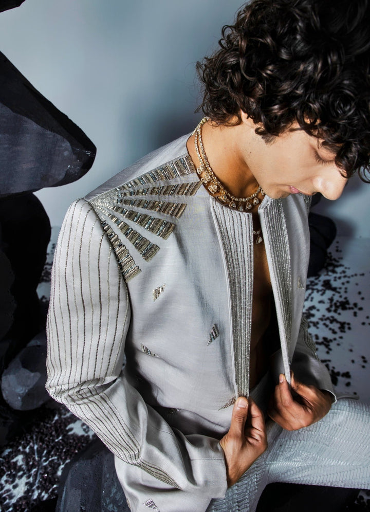 Grey Embellished Open Silk Jacket Set Contrast By Parth - Fabilicious Fashion