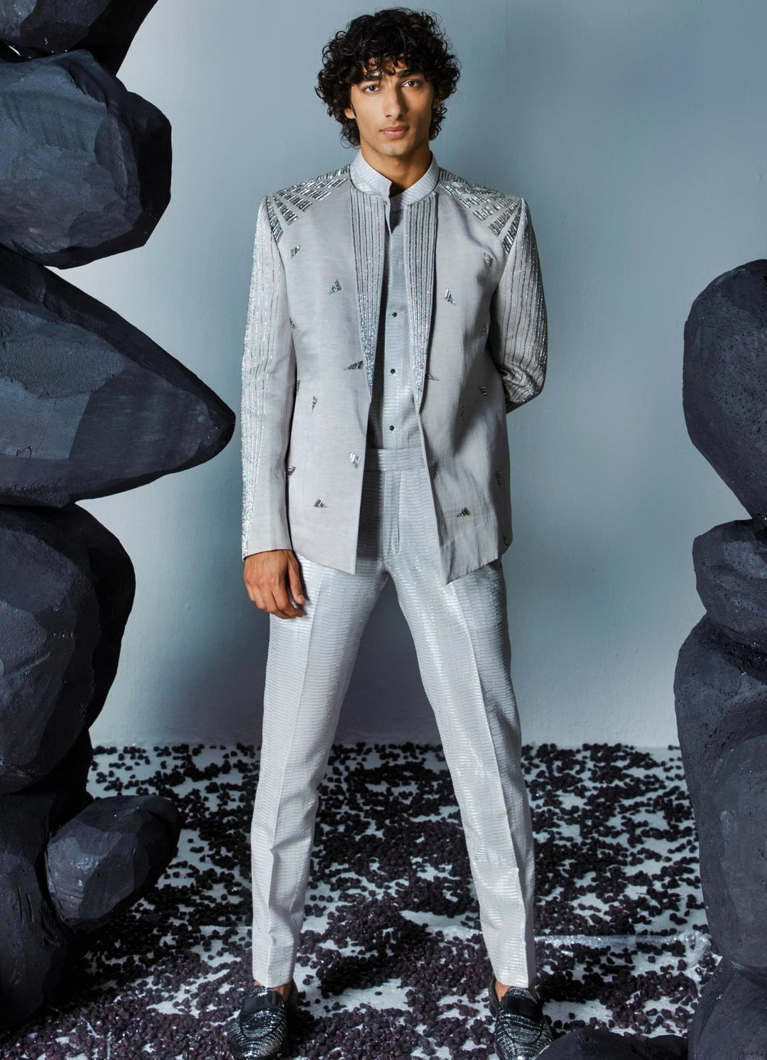 Grey Embellished Open Silk Jacket Set Contrast By Parth - Fabilicious Fashion