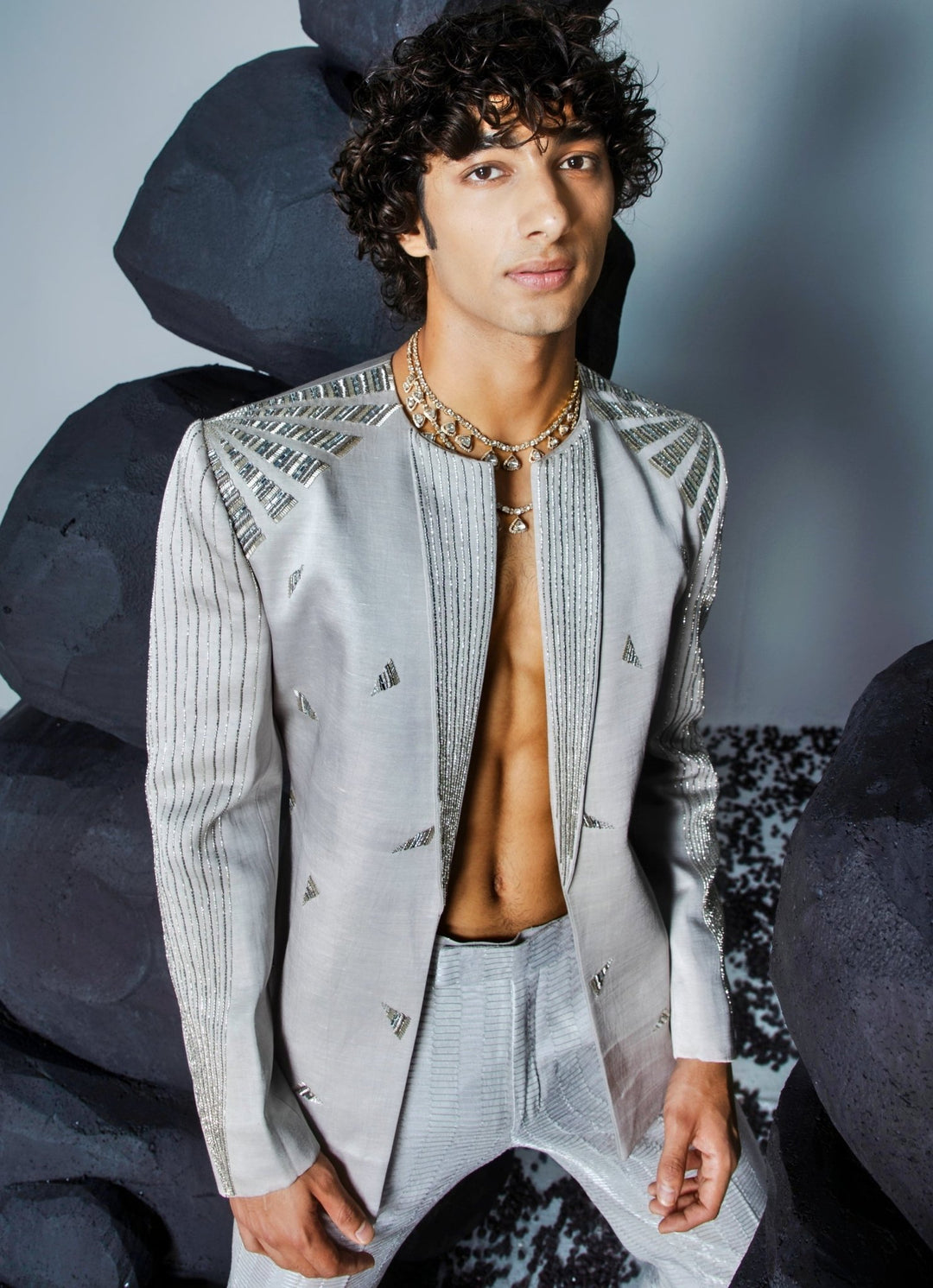 Grey Embellished Open Silk Jacket Set Contrast By Parth - Fabilicious Fashion