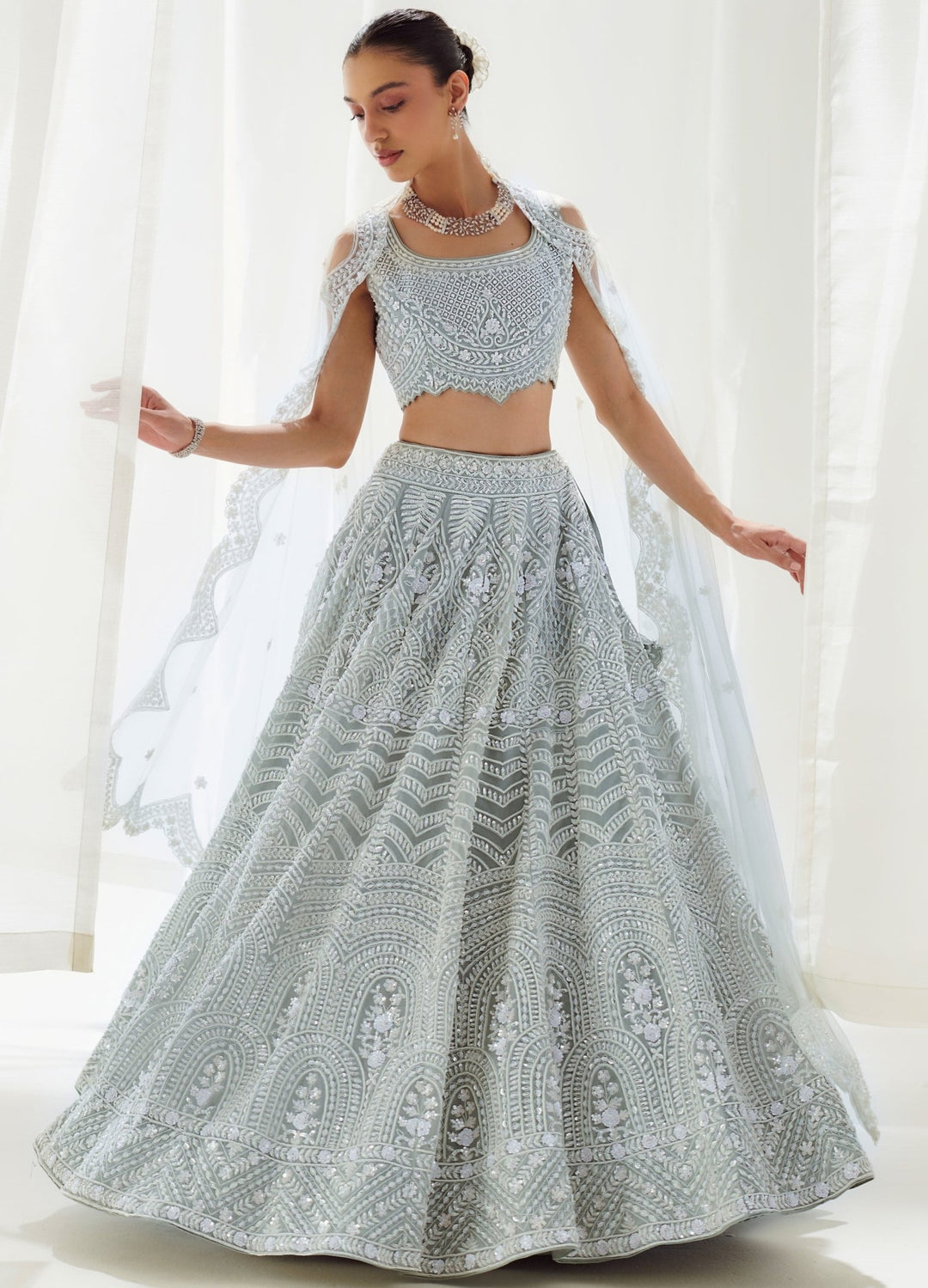 Grey Embellished Organza Lehenga Set With Sleveless Blouse Suhino - Fabilicious Fashion