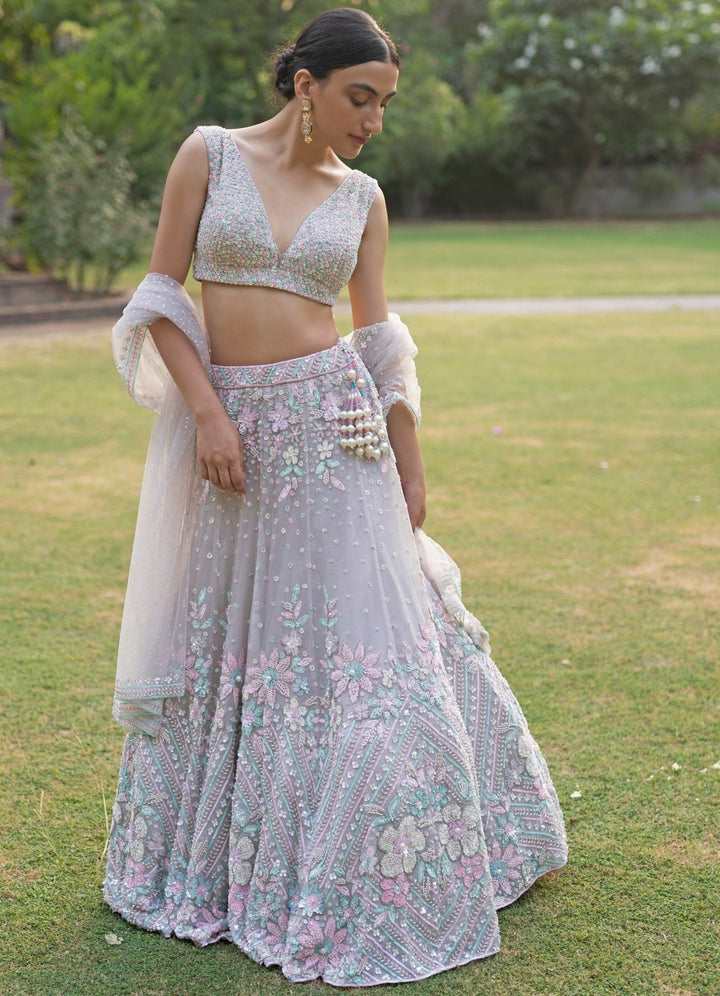 Grey Floral Organza Lehenga Set Angad Singh - Fabilicious Fashion
