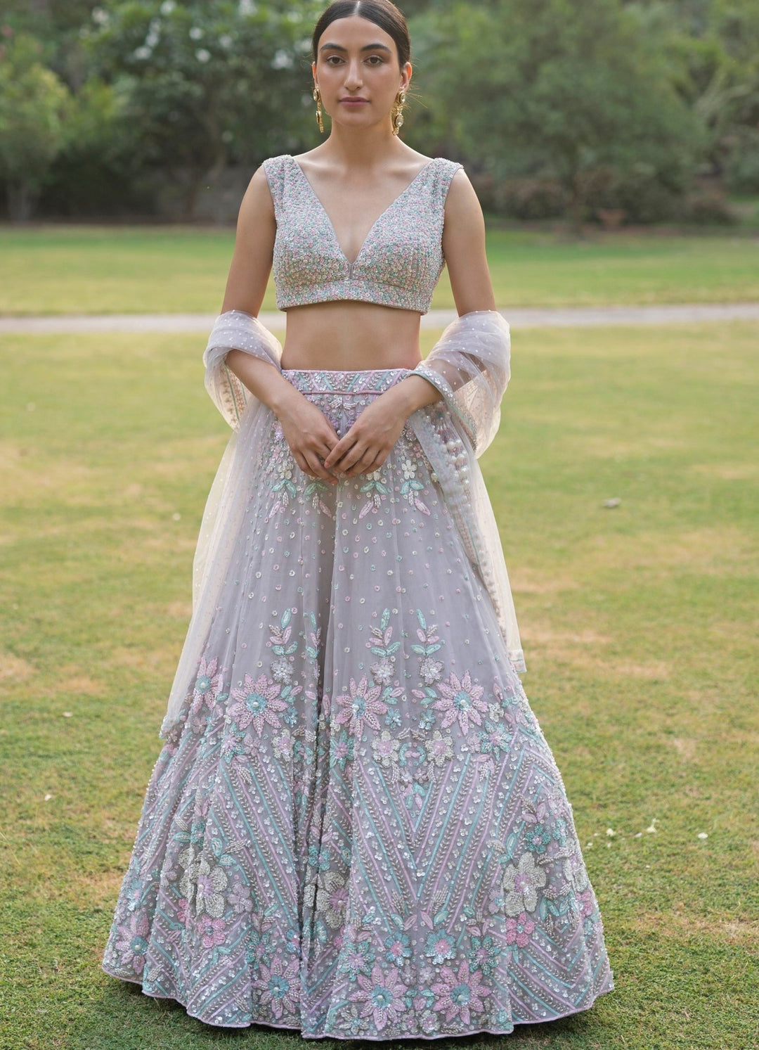 Grey Floral Organza Lehenga Set Angad Singh - Fabilicious Fashion