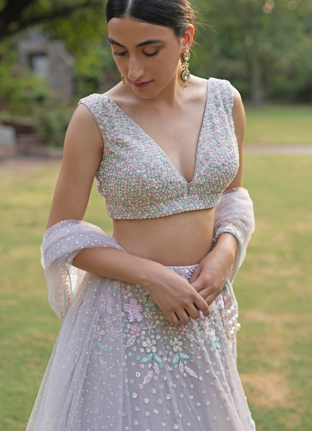 Grey Floral Organza Lehenga Set Angad Singh - Fabilicious Fashion