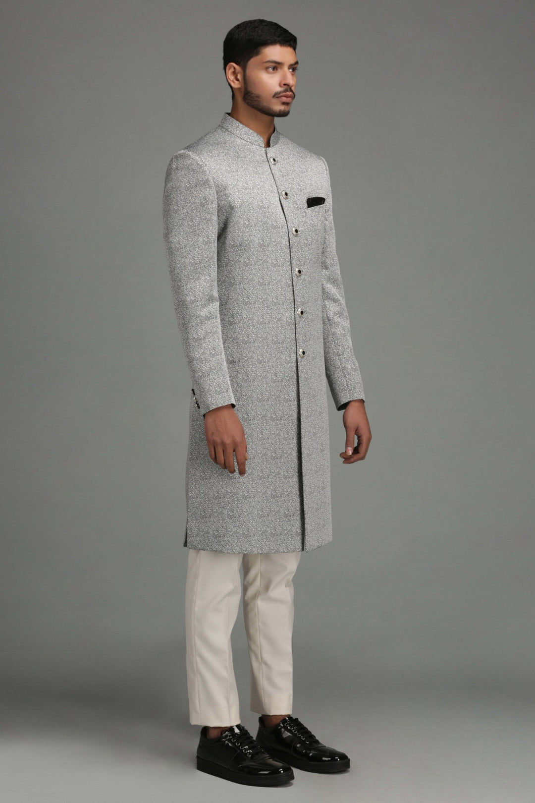 Grey Geometric Design Achkan Set Chatenya Mittal - Fabilicious Fashion