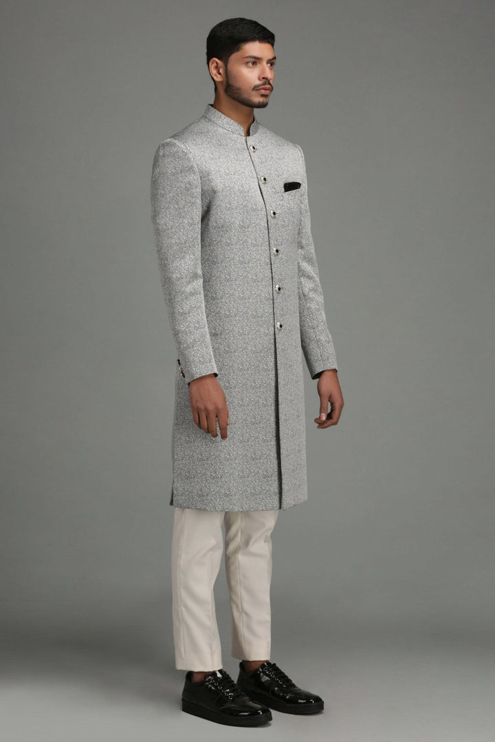 Grey Geometric Design Achkan Set Chatenya Mittal - Fabilicious Fashion
