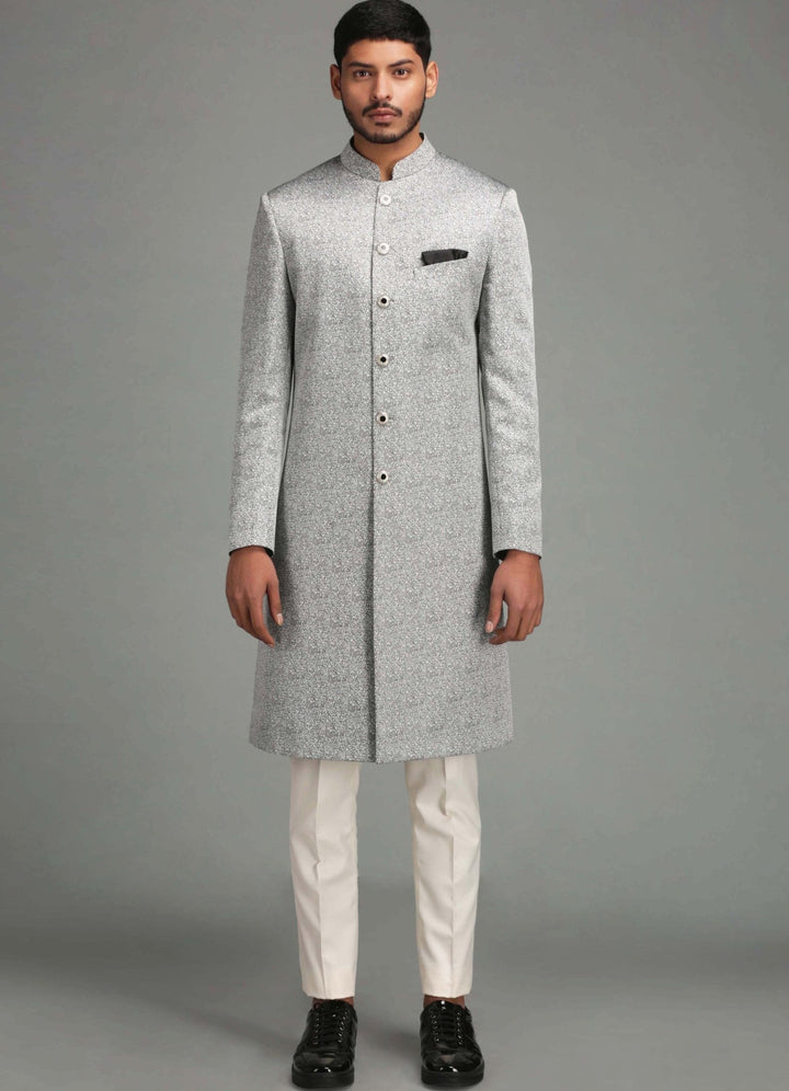 Grey Geometric Design Achkan Set Chatenya Mittal - Fabilicious Fashion