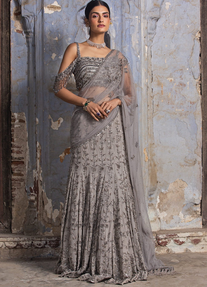 Grey Georgette Saree With Drop Shoulder Blouse Set Nitika Gujral - Fabilicious Fashion