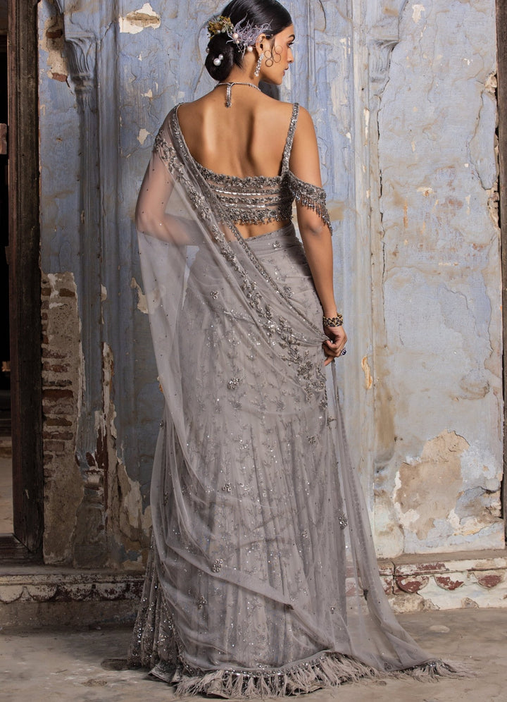Grey Georgette Saree With Drop Shoulder Blouse Set Nitika Gujral - Fabilicious Fashion