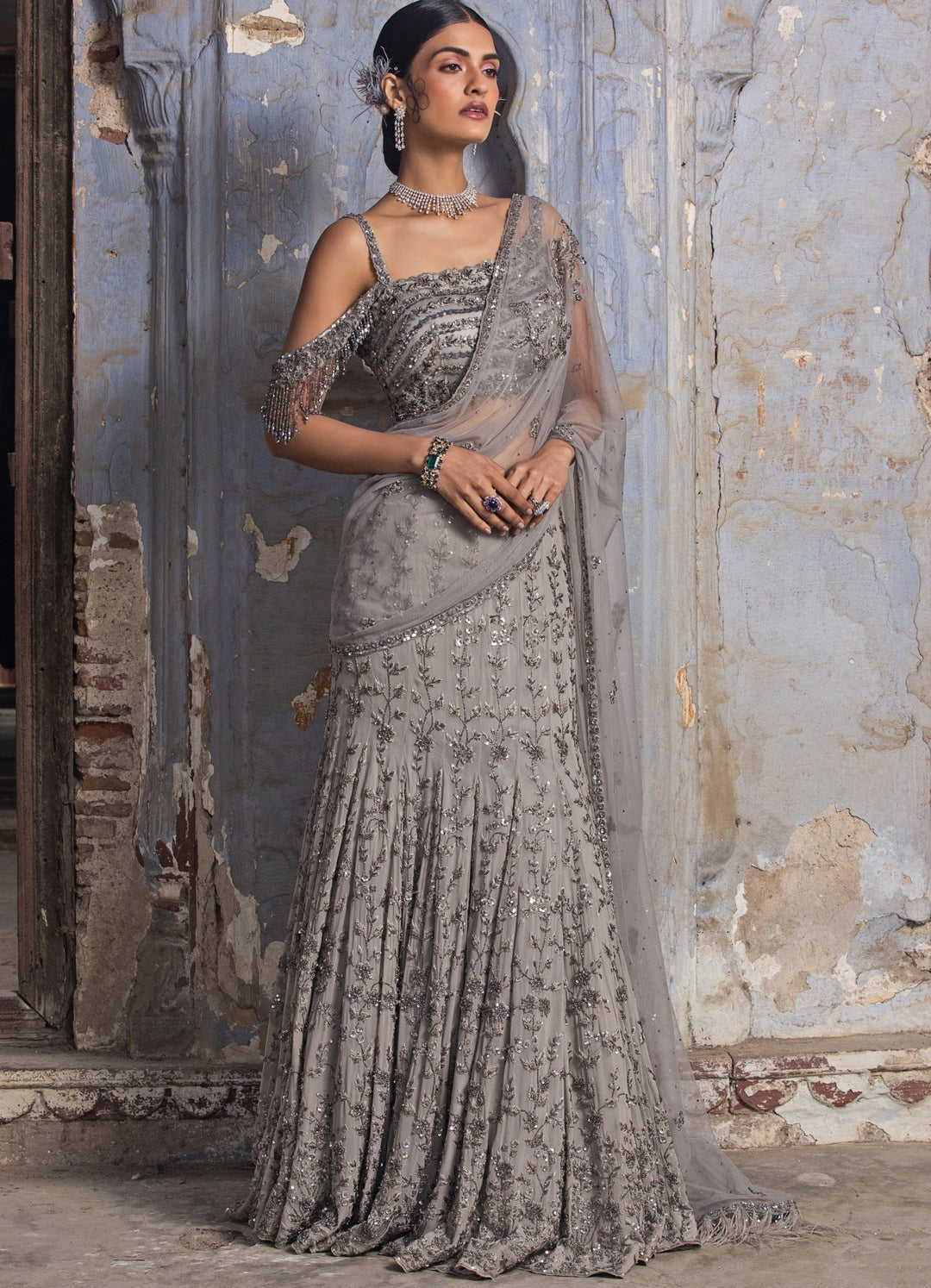 Grey Georgette Saree With Drop Shoulder Blouse Set Nitika Gujral - Fabilicious Fashion