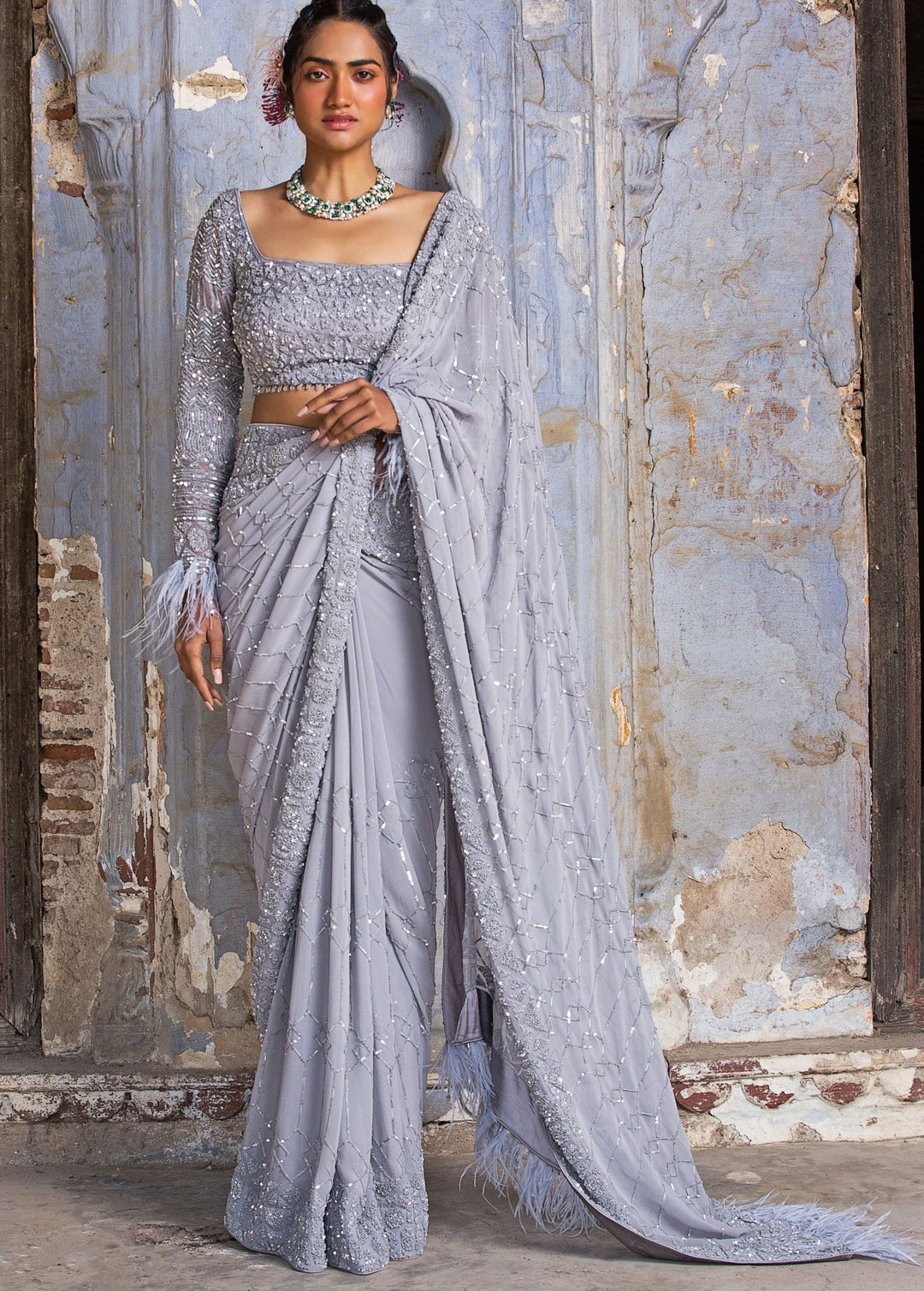 Grey Georgette Sequinned Saree With Full Sleeves Blouse With Feather Detail Nitika Gujral - Fabilicious Fashion