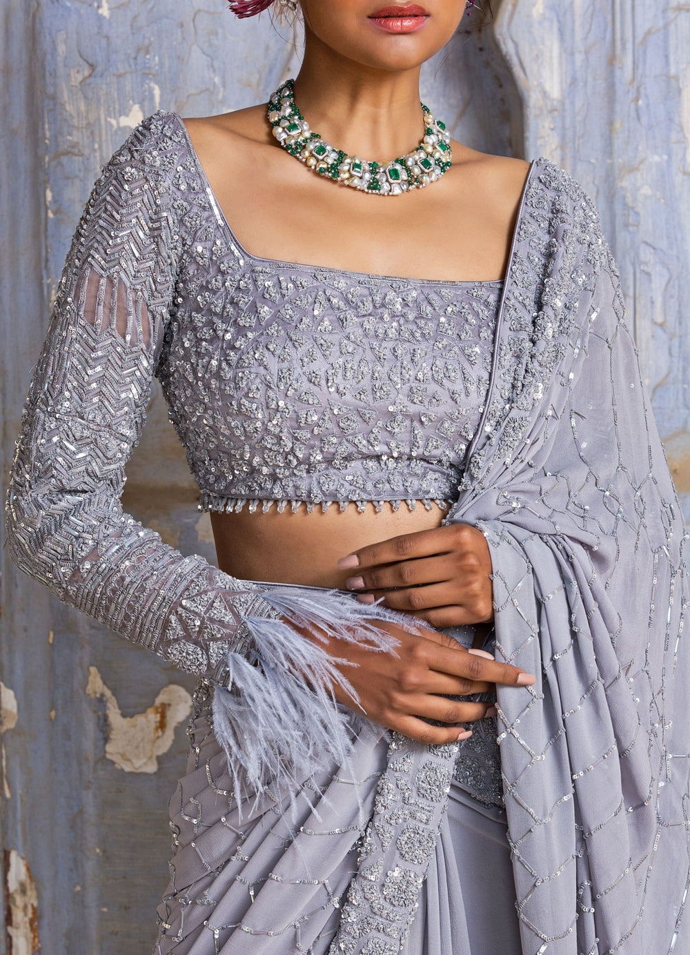 Grey Georgette Sequinned Saree With Full Sleeves Blouse With Feather Detail Nitika Gujral - Fabilicious Fashion