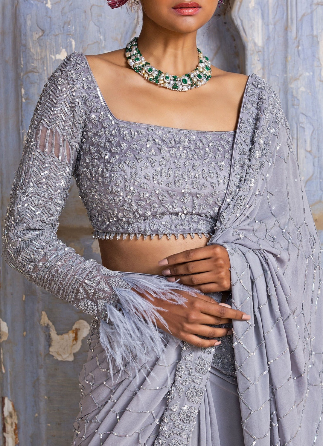 Grey Georgette Sequinned Saree With Full Sleeves Blouse With Feather Detail Nitika Gujral - Fabilicious Fashion