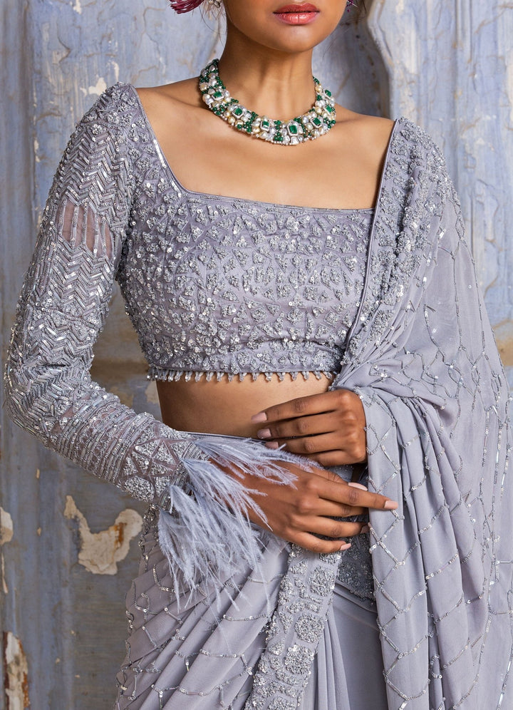 Grey Georgette Sequinned Saree With Full Sleeves Blouse With Feather Detail Nitika Gujral - Fabilicious Fashion