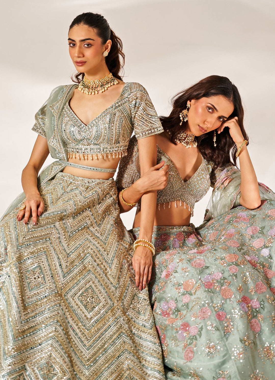 Grey Green Mirrorwork Organza Lehenga Set Studio Iris - Fabilicious Fashion