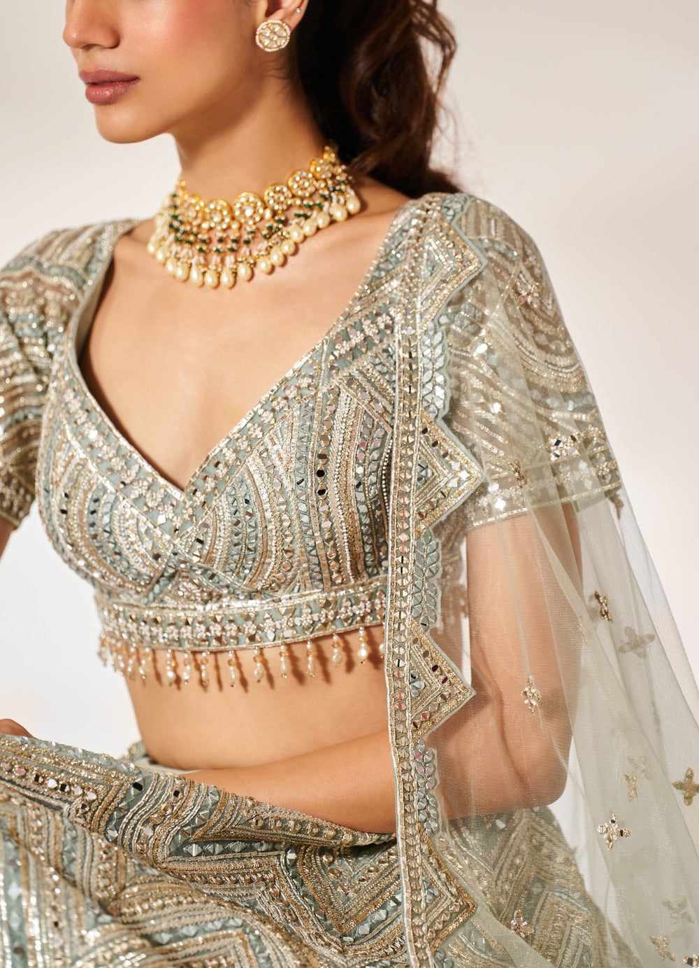 Grey Green Mirrorwork Organza Lehenga Set Studio Iris - Fabilicious Fashion