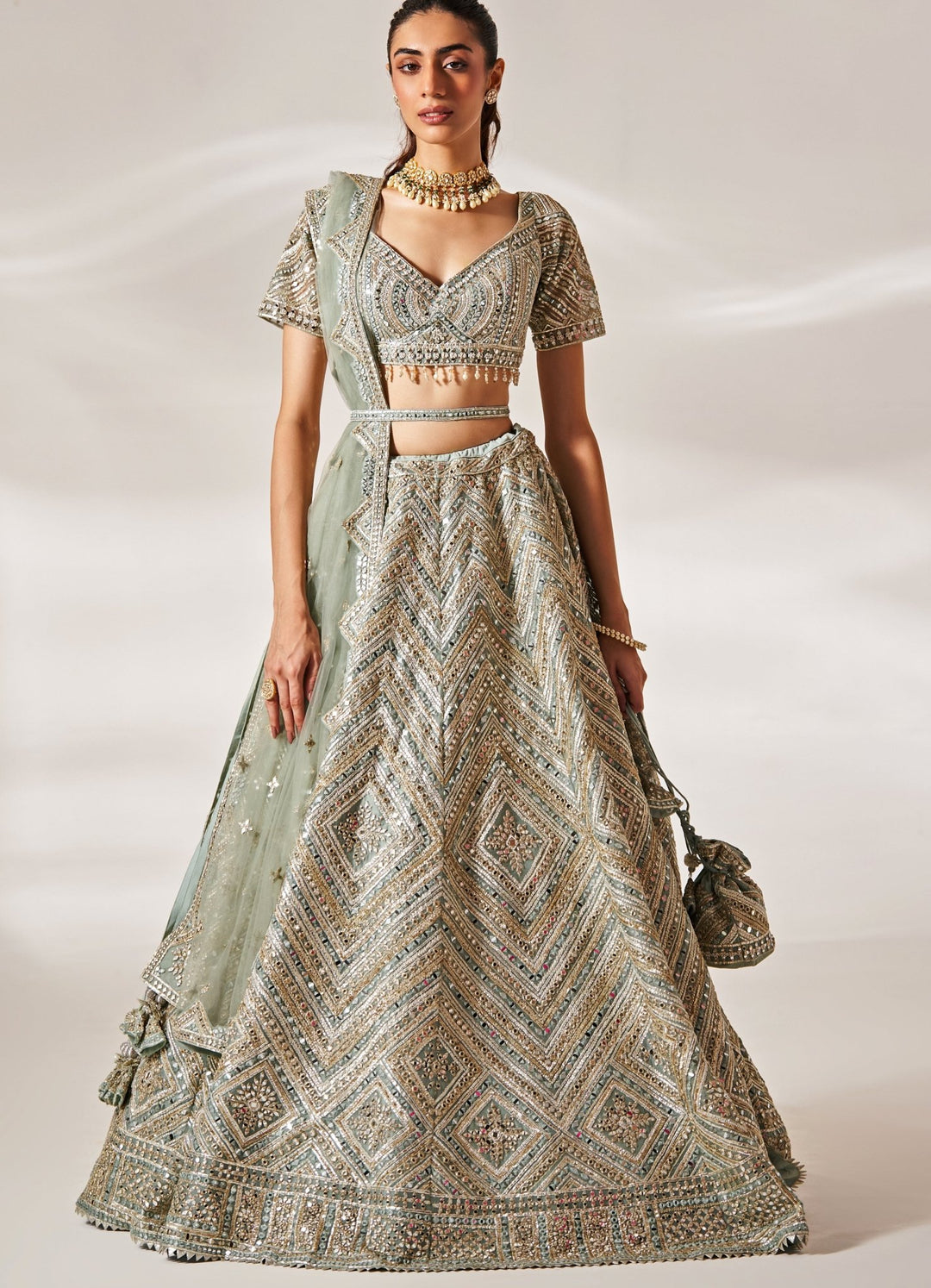 Grey Green Mirrorwork Organza Lehenga Set Studio Iris - Fabilicious Fashion