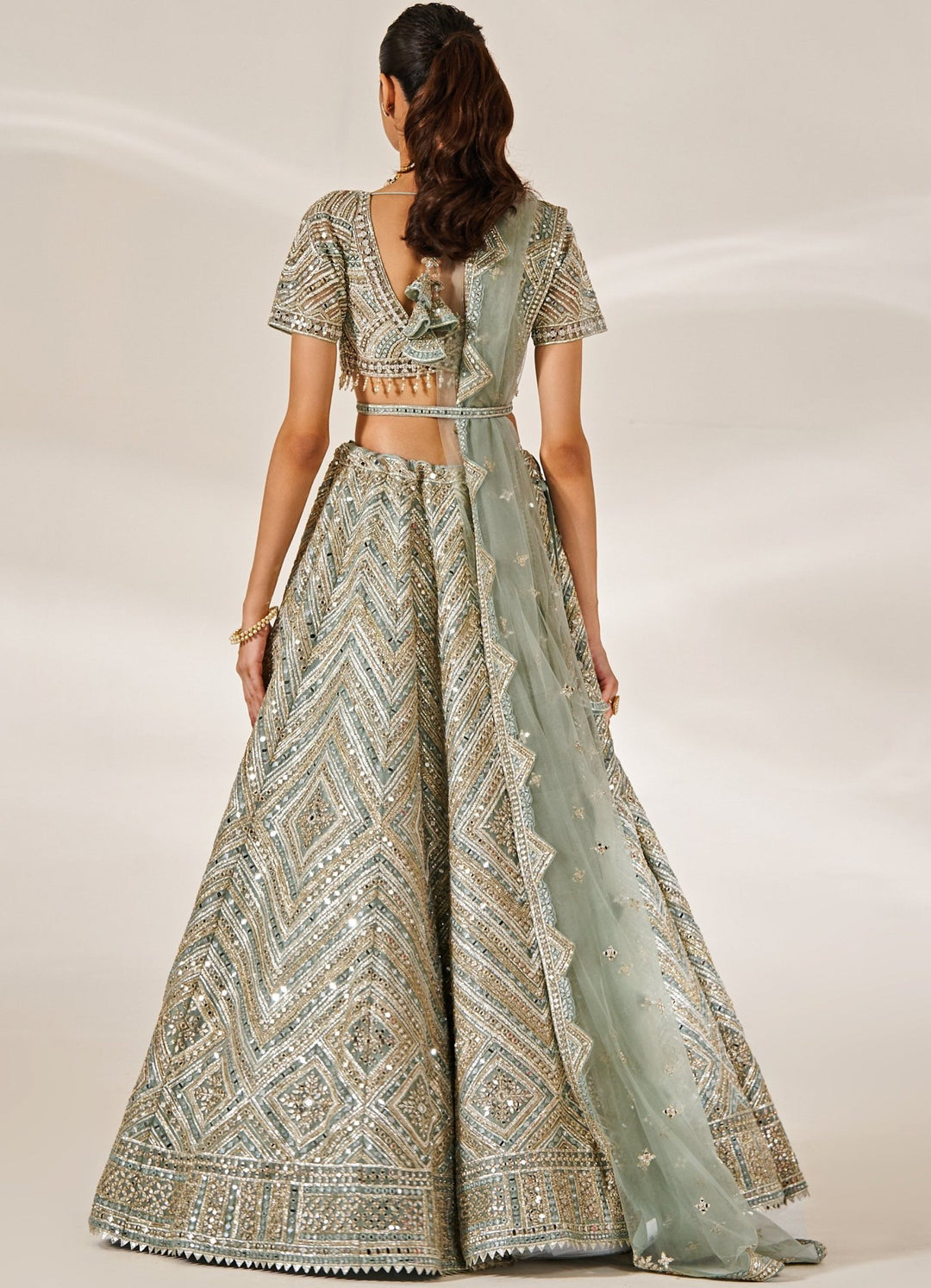 Grey Green Mirrorwork Organza Lehenga Set Studio Iris - Fabilicious Fashion