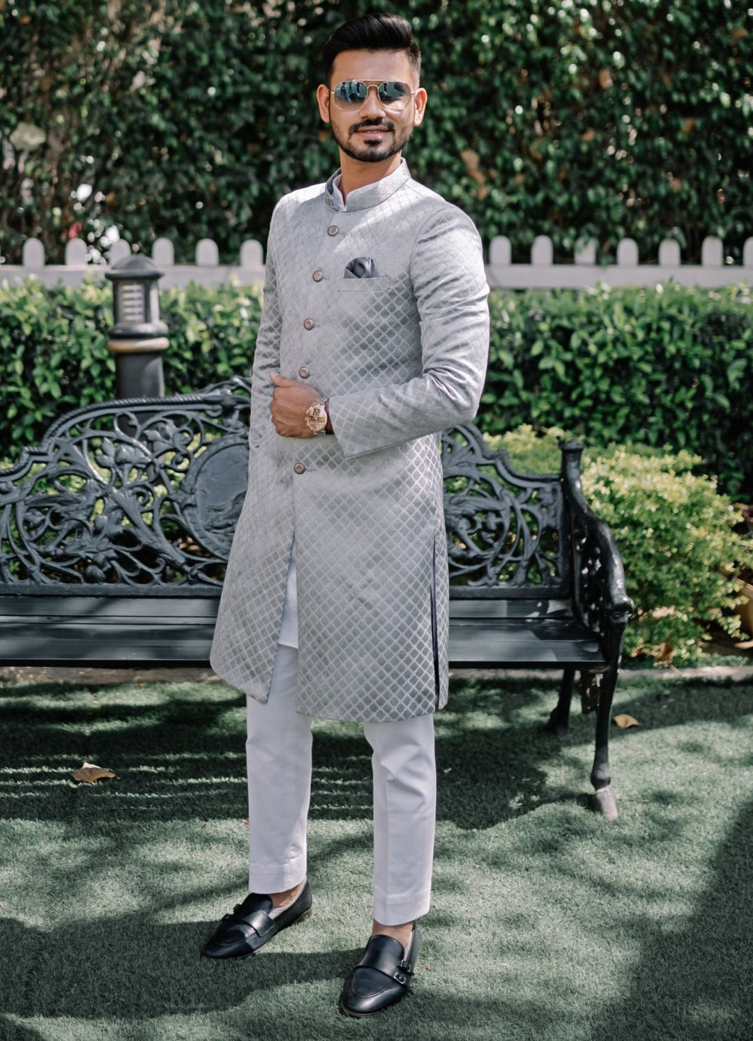 Grey Jacquard achkan kurta and pants Contrast by Parth - Fabilicious Fashion