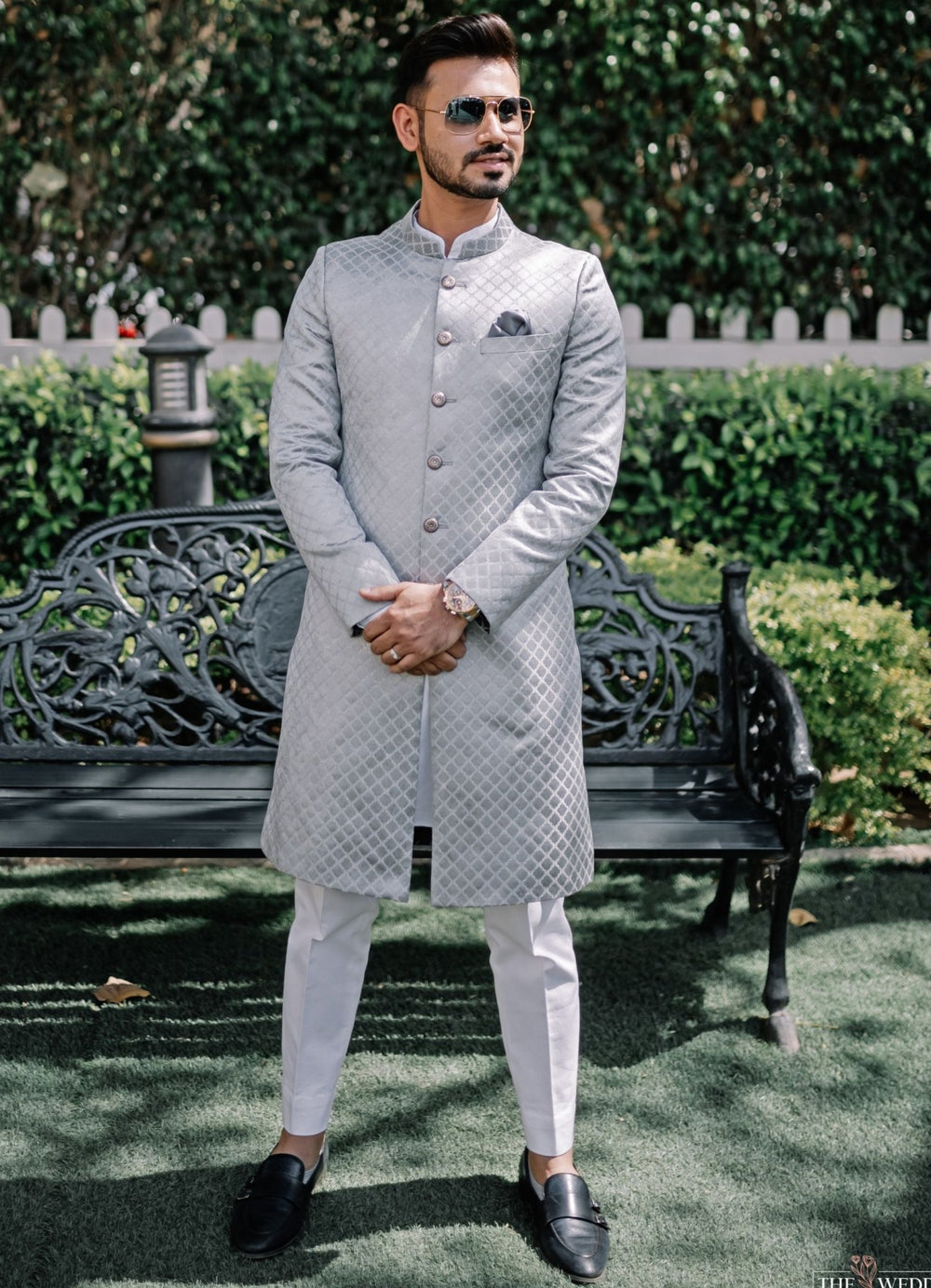 Grey Jacquard achkan kurta and pants Contrast by Parth - Fabilicious Fashion